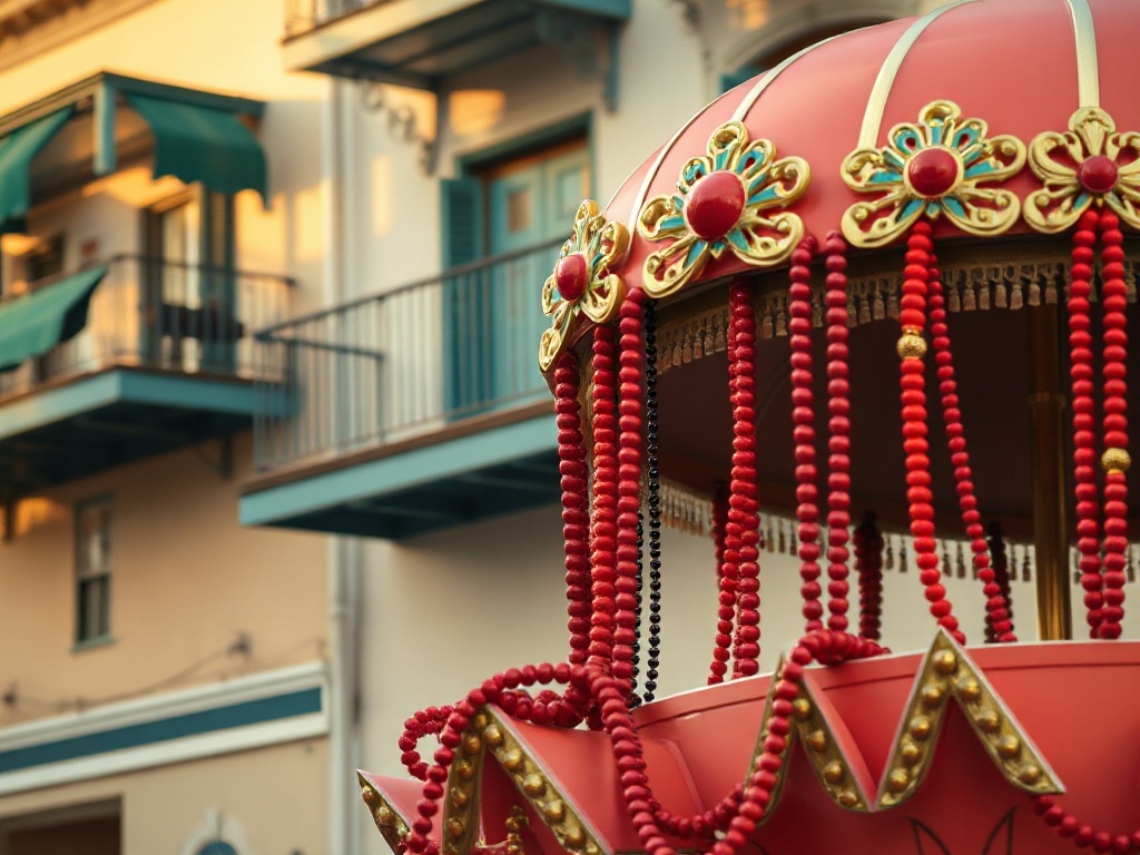 New Orleans'ta Mardi Gras geçidinde renkli süslü araba
